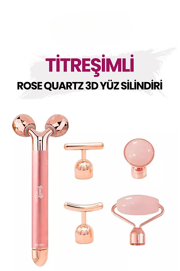 Titreşimli Rose Pembe Quartz Taşı 3d Yüz Masaj Silindiri 5 Başlıklı