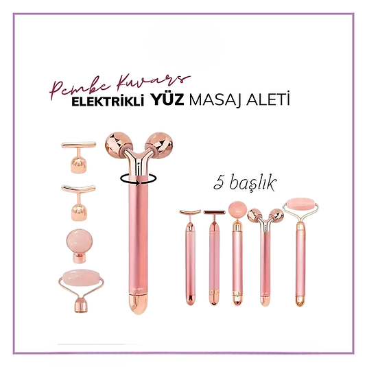 Titreşimli Rose Pembe Quartz Taşı 3d Yüz Masaj Silindiri 5 Başlıklı