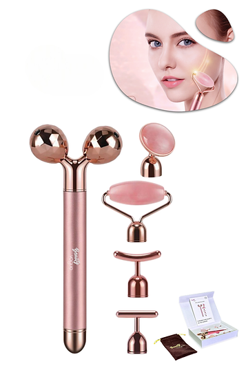 Titreşimli Rose Pembe Quartz Taşı 3d Yüz Masaj Silindiri 5 Başlıklı